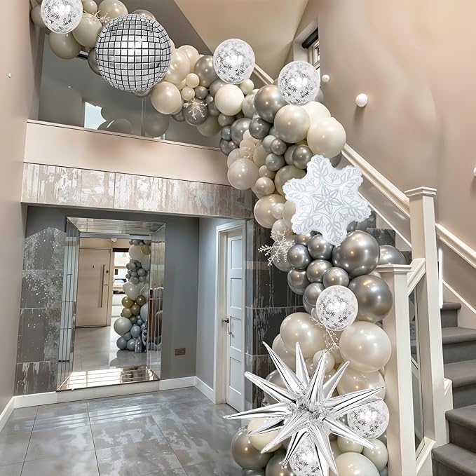 Christmas Decorations Balloons Arch Kit White Silver Snowflake