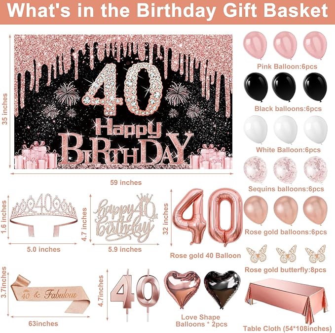 40th Birthday Decorations Women 49pcs Black Rose Gold Black Happy