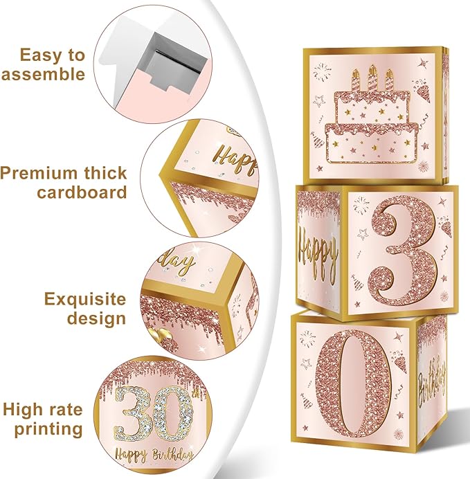 3Pcs 30th Birthday Decorations Boxes for Women Pink Rose Gold 30th