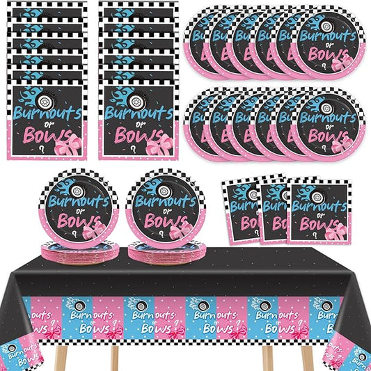 24 Guests Burnouts or Bows Gender Reveal Party Supplies Baby Boy or