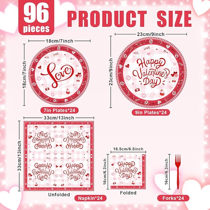 96 Pieces Valentine's Day Tableware Set Red and White Disposable