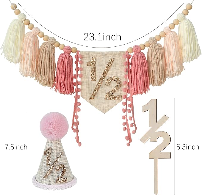 1/2 Pink Baby Girl Birthday Highchair Banner Wood Bead Tassel