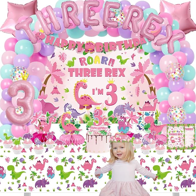 Pink Dinosaur Birthday Decorations for 3 Year Old Girls 134 Pcs