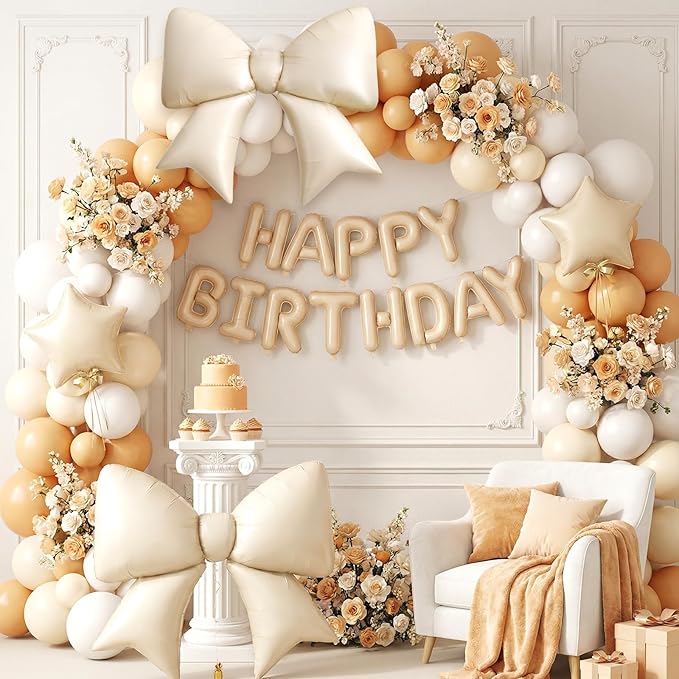 Biapian Apricot Happy Birthday Balloon Banner, 38Inch Bow Aluminum