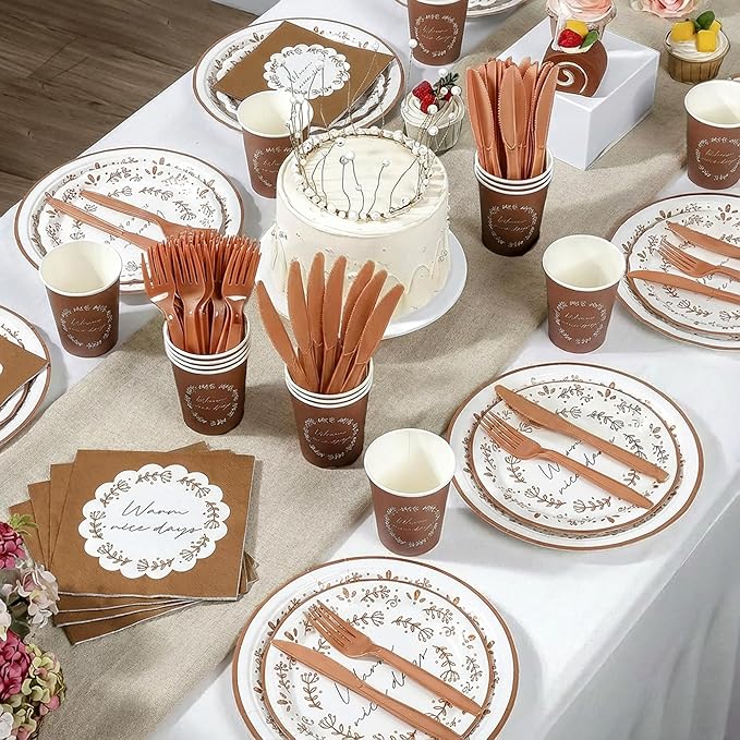 144Pcs Boho Birthday Party Supplies Decorations Brown Flower Paper