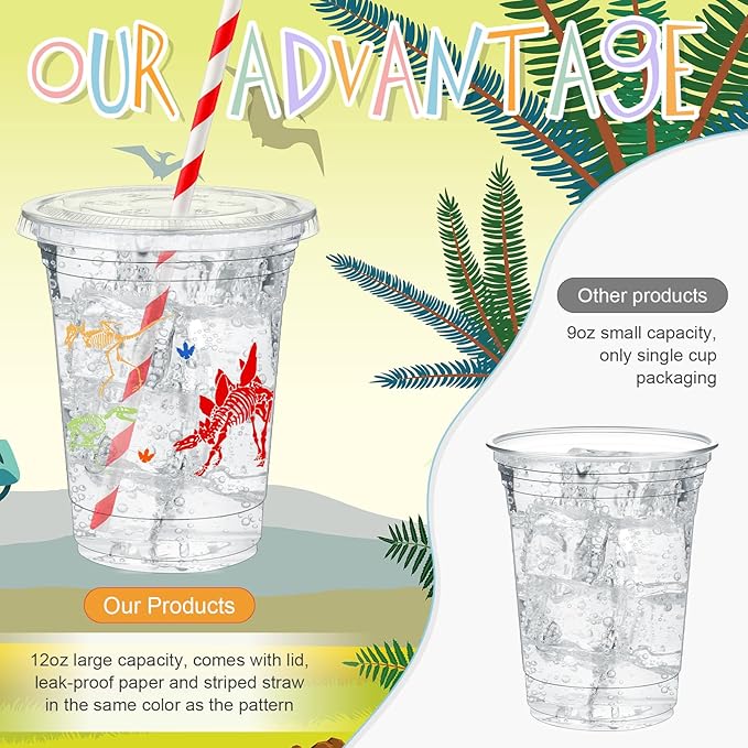 50 Pcs Dinosaur Cups for Kids 12 oz Disposable Plastic Cups with