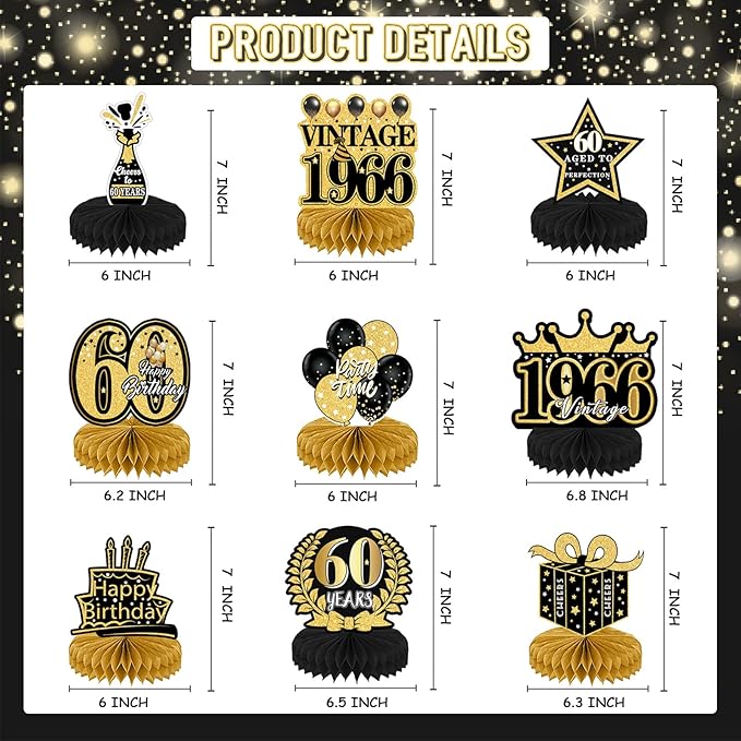 9Pcs 60th Birthday Party Decorations - 60th Birthday Decor Men Women