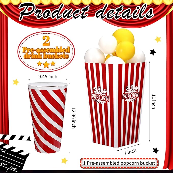38 Pcs Movie Night Decorations Popcorn Box with Balloons 3D Fake
