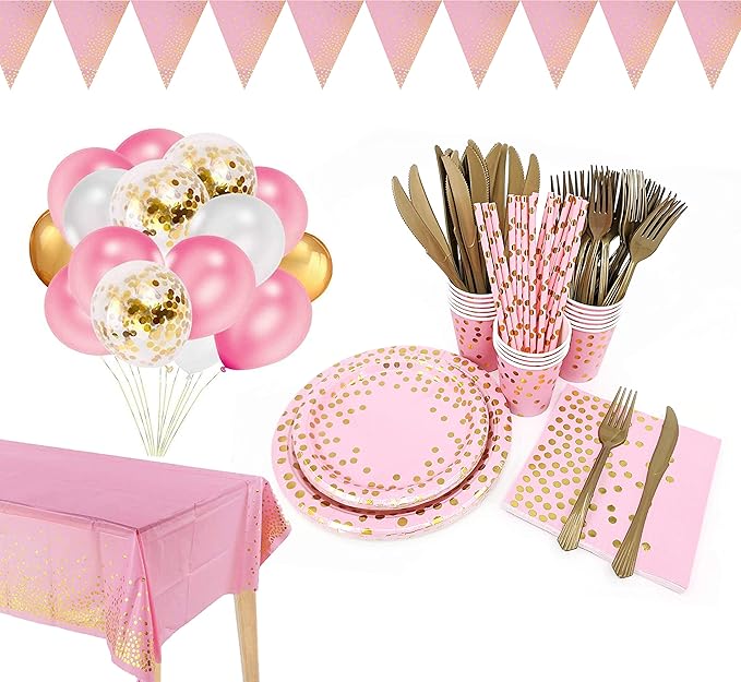 142 Piece Pink and Gold Party Supply Set, Polka Dot Tableware With