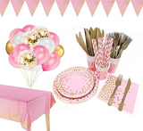 142 Piece Pink and Gold Party Supply Set, Polka Dot Tableware With