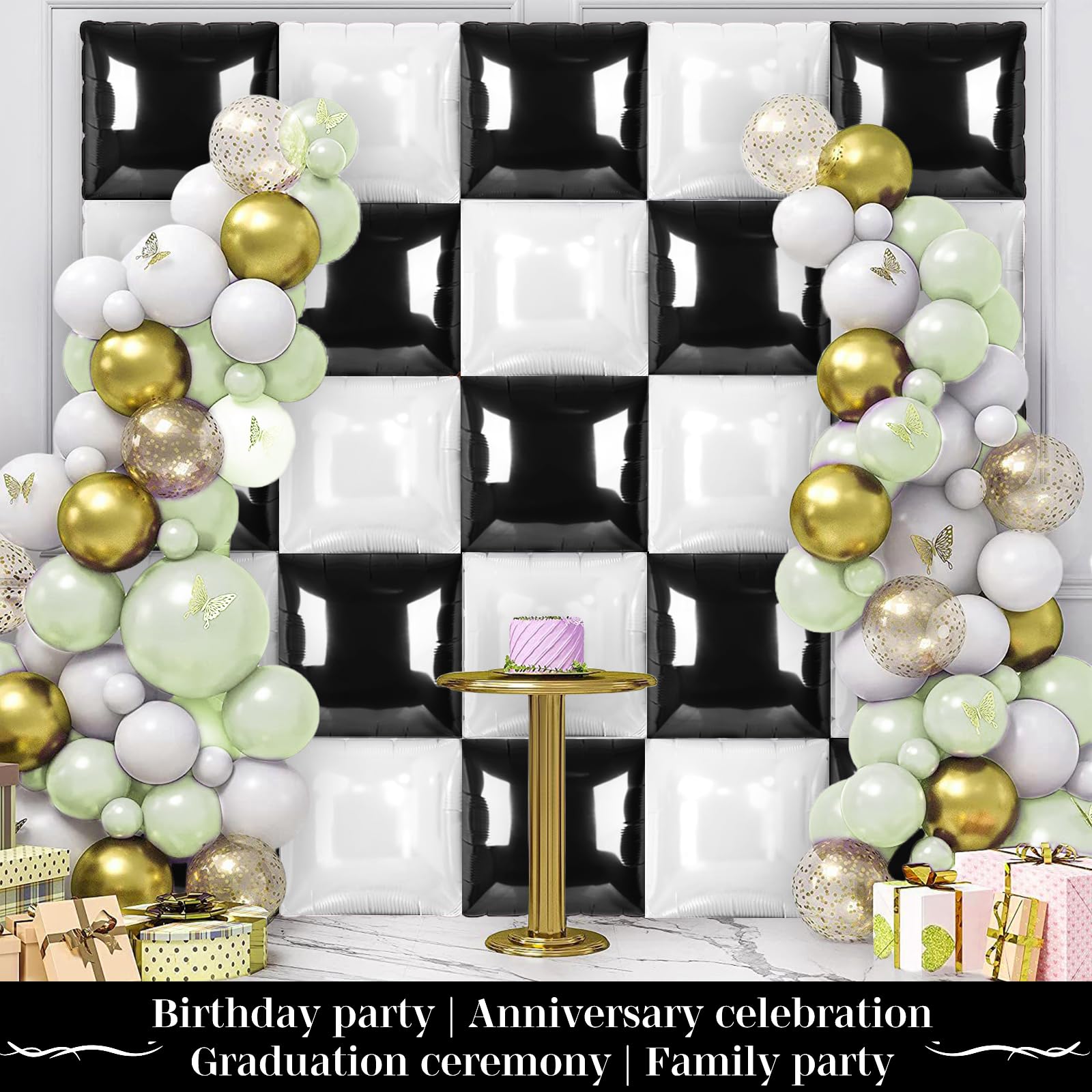 Black and White Square Foil Balloons 25 Pcs Metallic Black and White