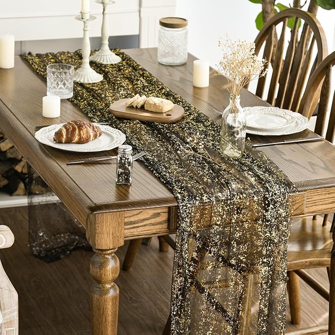 Artoid Mode 3Pcs Black Gold Gauze Table Runner 120 Inch 10FT, Glitter
