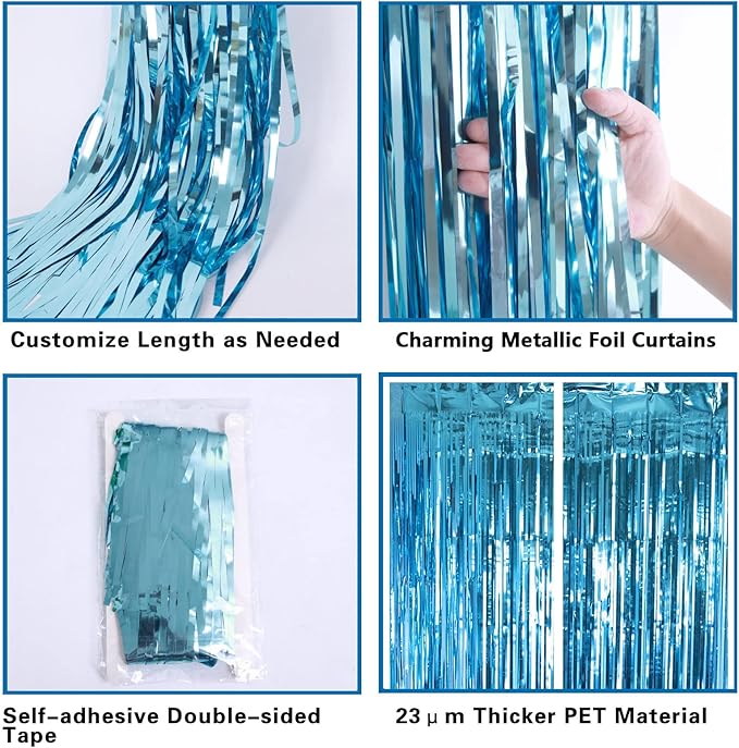 2 Pack Lake Blue Foil Fringe Curtains Tinsel Backdrop, 3.2Ft x 8.2Ft