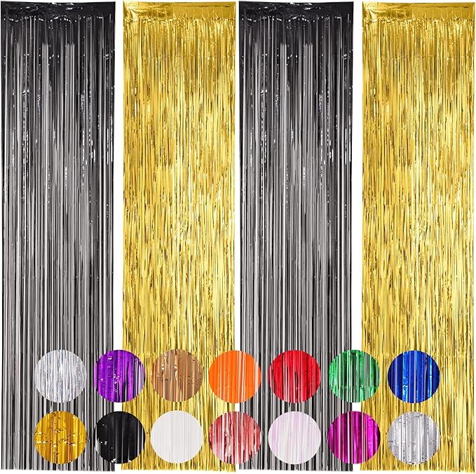 Voircoloria 4 Pack Black and Gold Foil Fringe Backdrop Curtains,