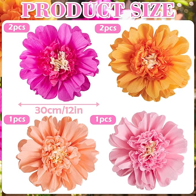 SUNBEAUTY 6PCS Hot Pink and Orange Paper Flowers 12 Inch Large Tissue