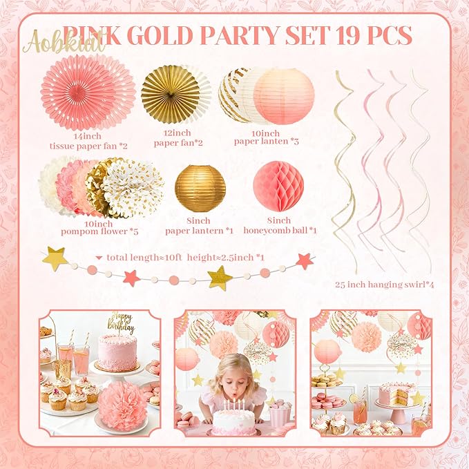 AOBKIAT Pink Gold Party Decorations Kit-Tissue Paper Pom