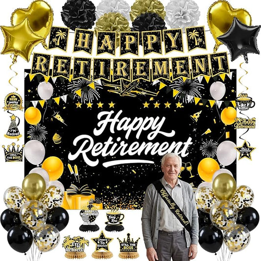 Retirement Party Decorations, Black Gold Happy Retirement Decorations