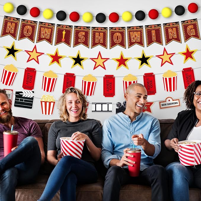 5 Pcs Movie Night Party Decorations Now Showing Banner Hanging Movie