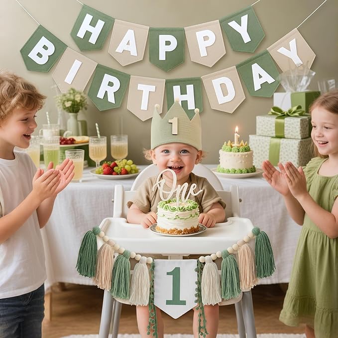 Wild One High Chair Banner Felt Green Happy Birthday Banner Pre
