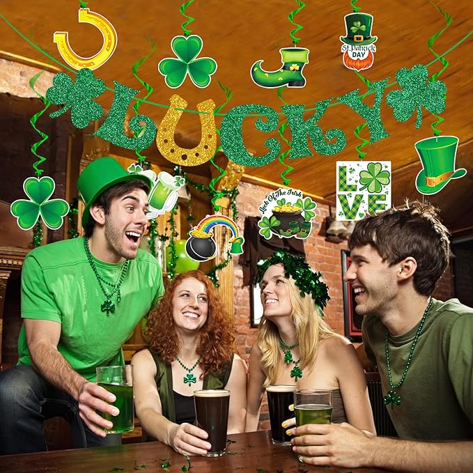 St Patrick's Day Decorations Kit with Banner 10 Hanging Swirls NO