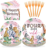96Pcs Four Ever Wild Birthday Decorations Safari Animal Theme 4th