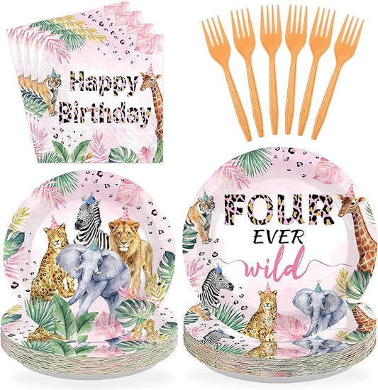 96Pcs Four Ever Wild Birthday Decorations Safari Animal Theme 4th