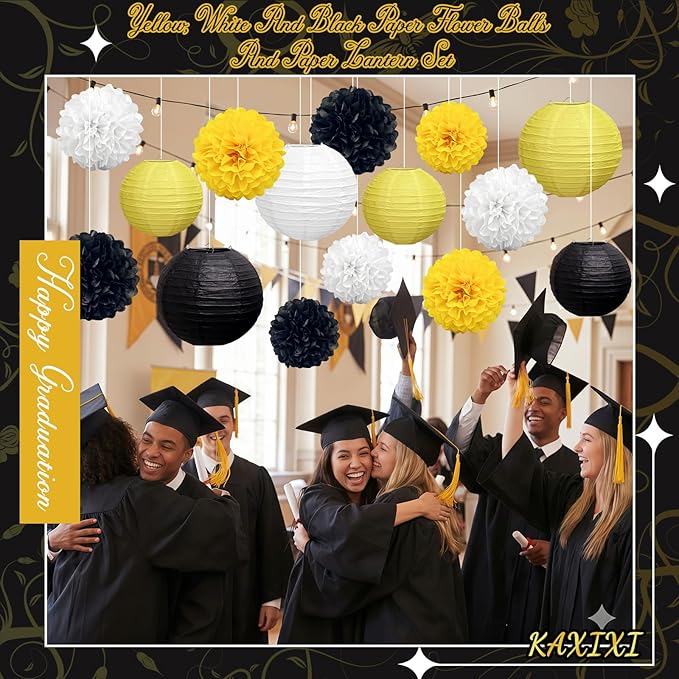 KAXIXI 15 Pcs Yellow Black White Party Decorations - Hanging Paper