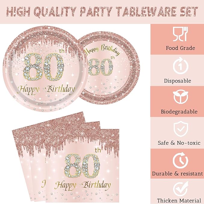 24 Sets 80th Rose Gold Birthday Party Decrations for Women 80