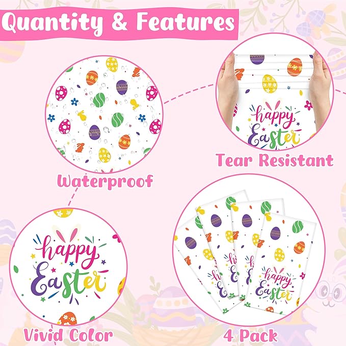 4 Pack Disposable Easter Tablecloth, 54 x 108 Inch Rectangular Easter