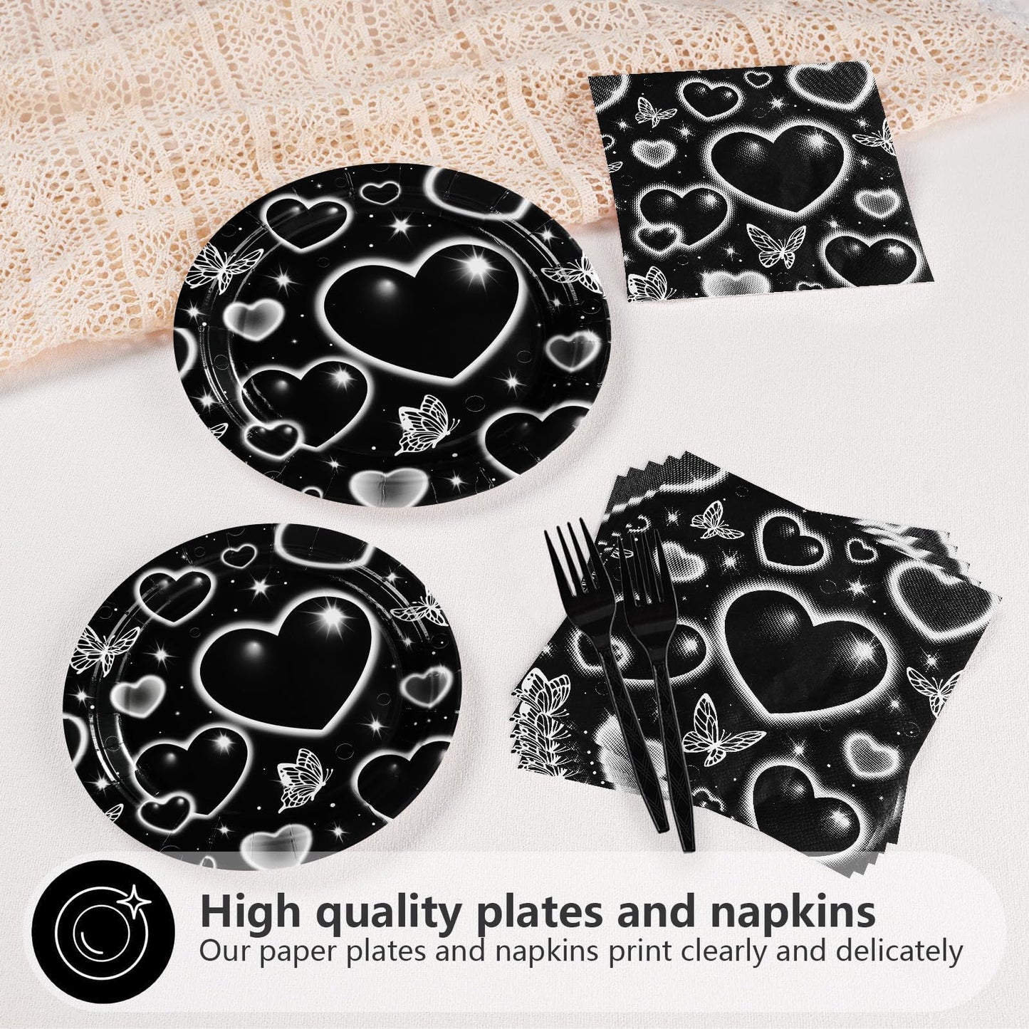 Grencian 96 Pcs 2000s Party Plates and Napkins Black Heart Tableware