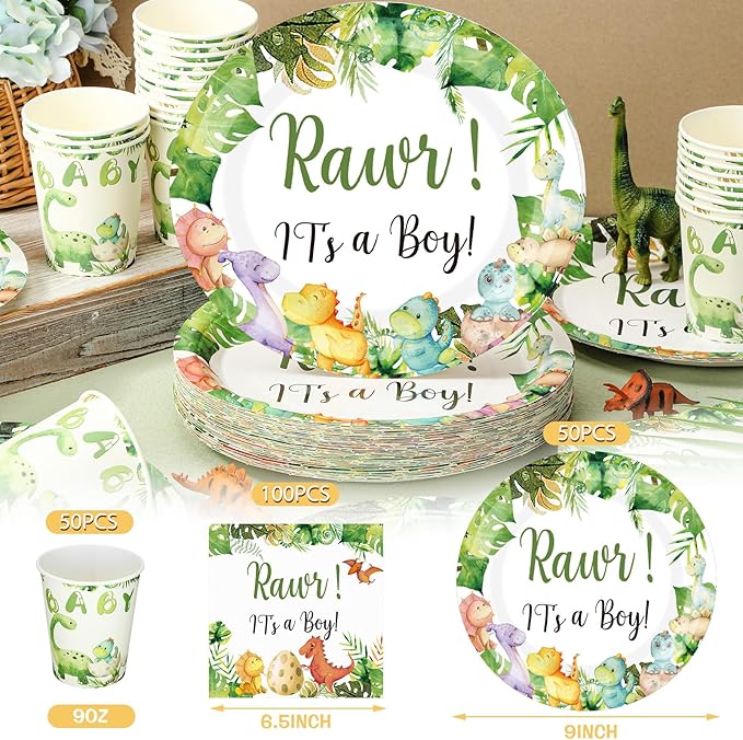 200 Pcs Dinosaur Baby Shower Paper Plates Napkins Cups Baby Shower