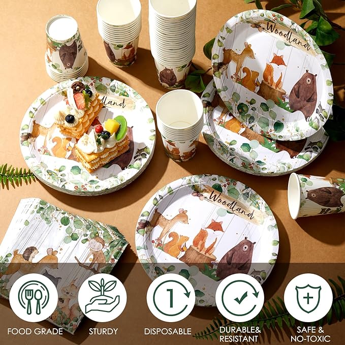 200 Pcs Woodland Baby Shower Paper Plates Cups Napkins Woodland