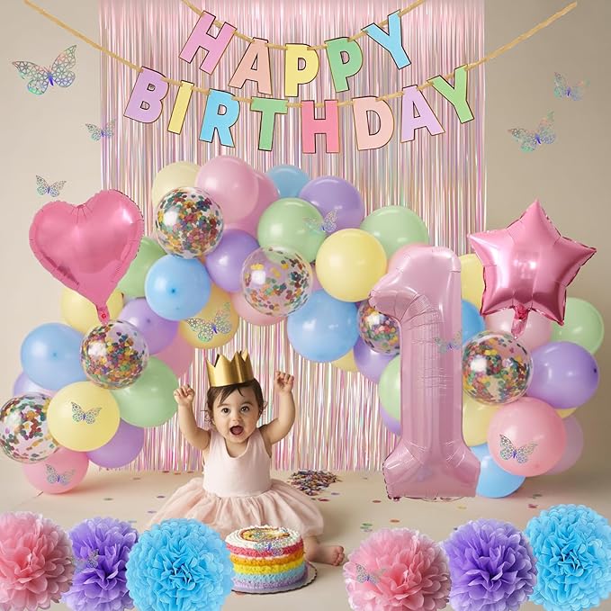 Pastel 1st Birthday Party Decorations for Girls Number 1 Balloon
