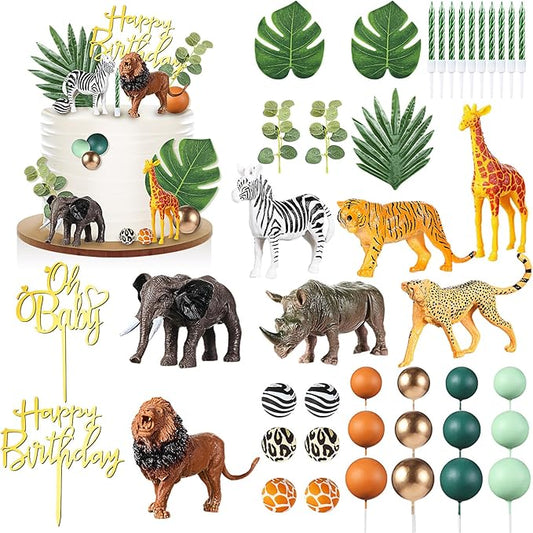 42 Pcs Safari Jungle Animal Cake Toppers Wild One Zebra Lion Giraffe