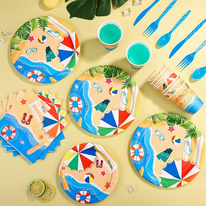 ADXCO 192 Piece Summer Pool Party Tableware Set Including Plates