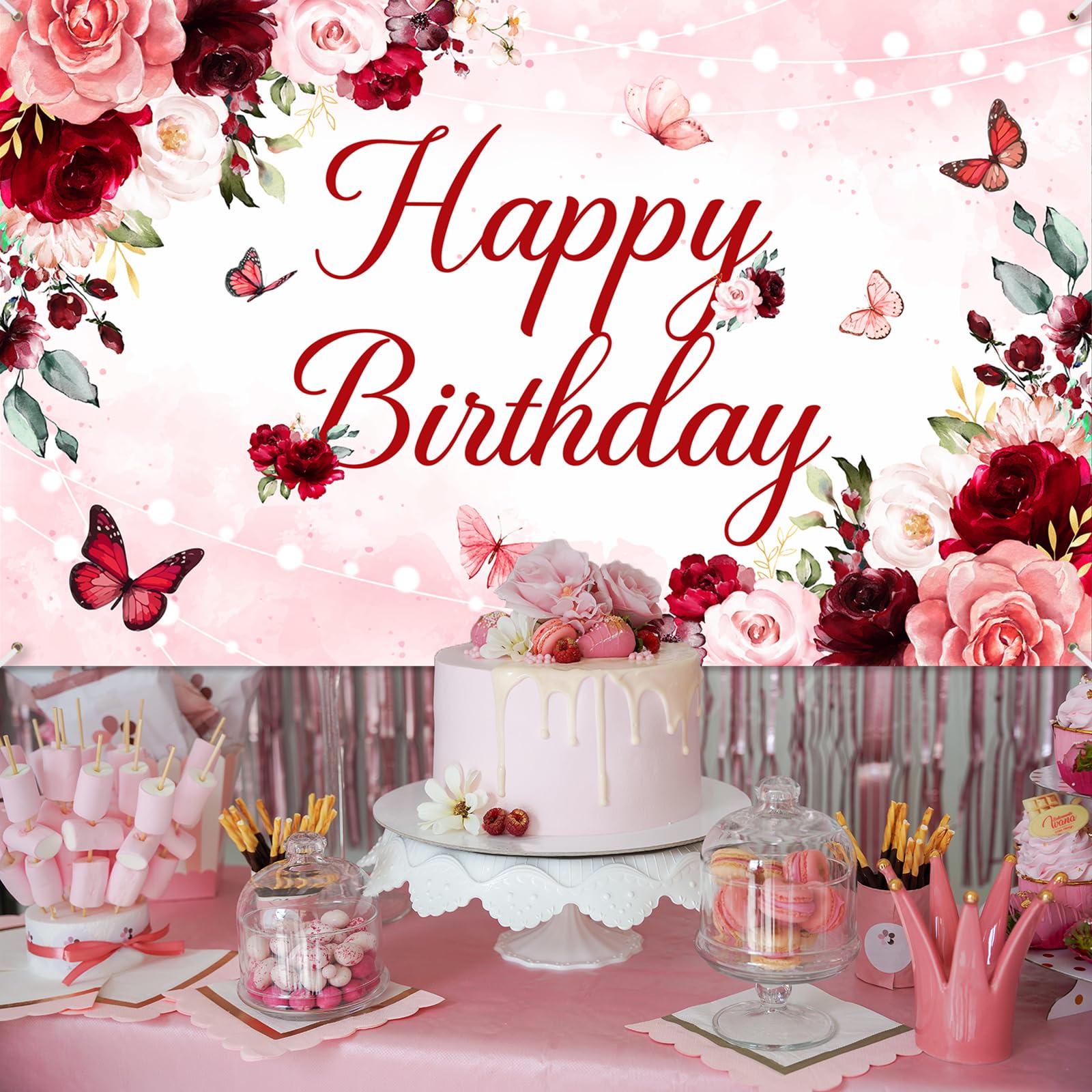 Avezano Floral Happy Birthday Banner for Women Girls Rose Gold Red