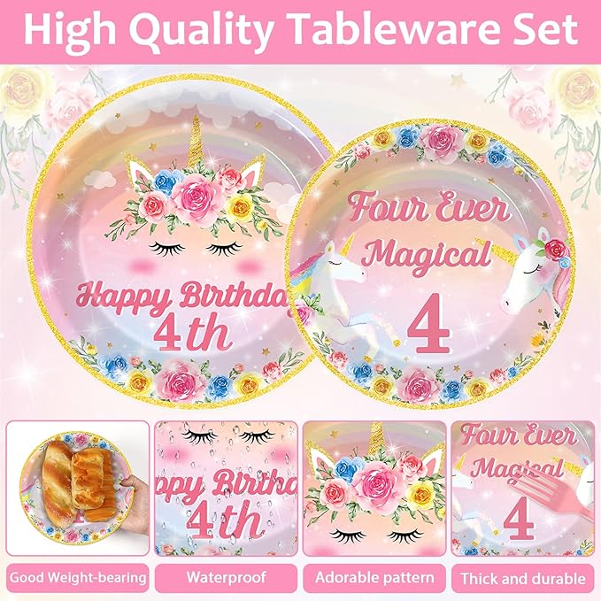 96PCS Four Ever Magical Party Paper Plates and Napkins Unicorn 4th