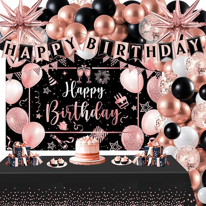Rose Gold Birthday Party Decorations 63Pcs Rose Gold and Black Happy