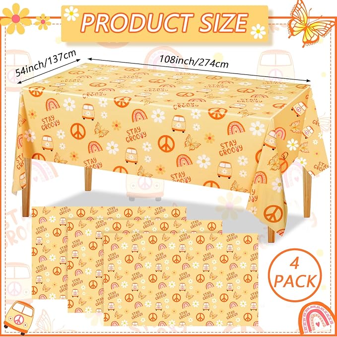 4 Pcs Stay Groovy Tablecloth Retro Hippie Boho Party Table Covers