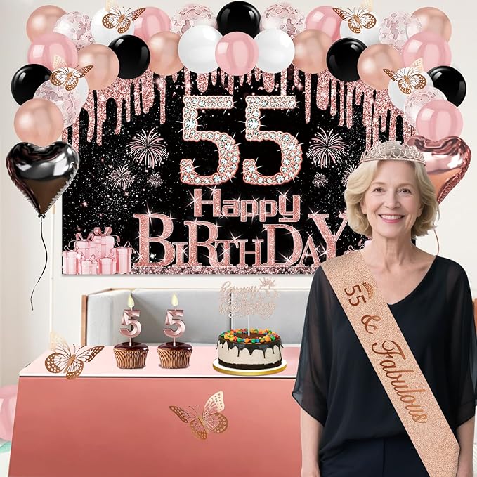 55th Birthday Decorations for Women 49pcs Black Rose Gold Black