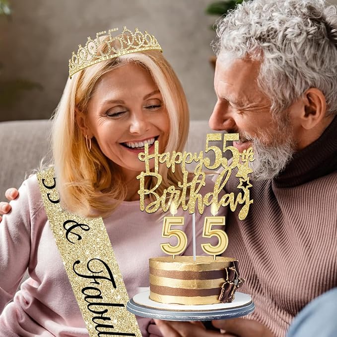 55th Birthday Decorations for Women Gold with 55th Birthday Sash and