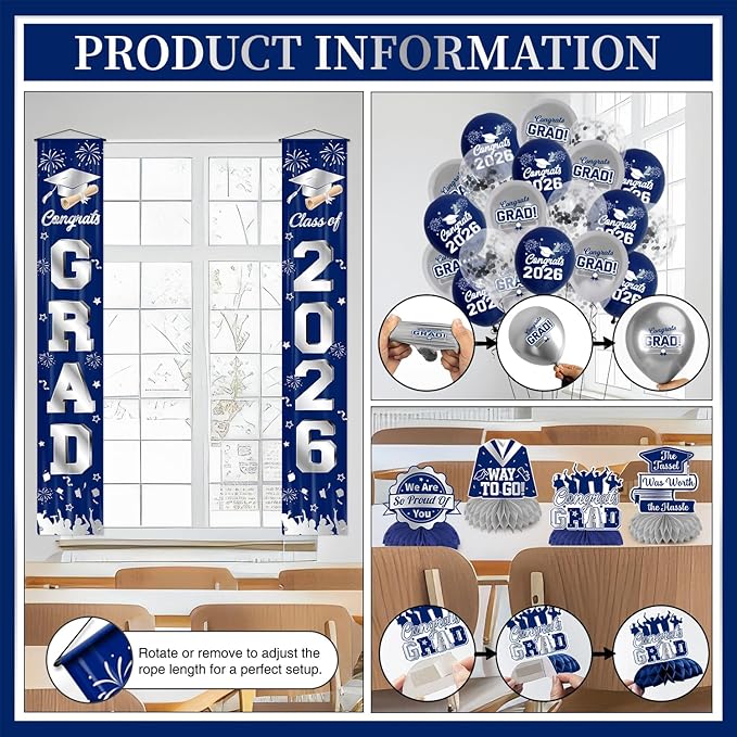 Graduation Decorations 2026 Blue and Silver Graduation Party Decor