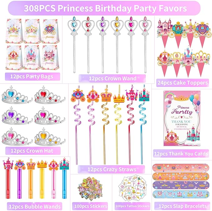 308PCS Princess Birthday Party Decorations Favors Including Goodie