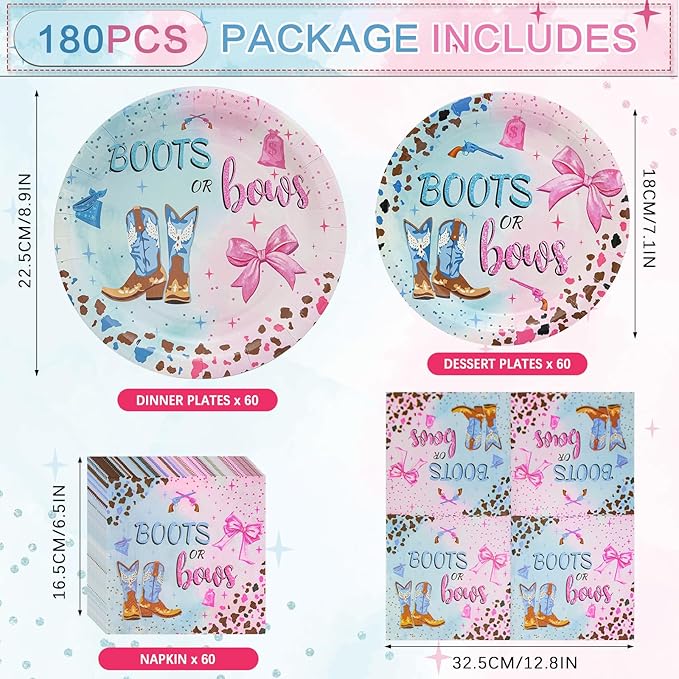 180Pcs Boots Bows Gender Reveal Birthday Party Supplies Serves 60