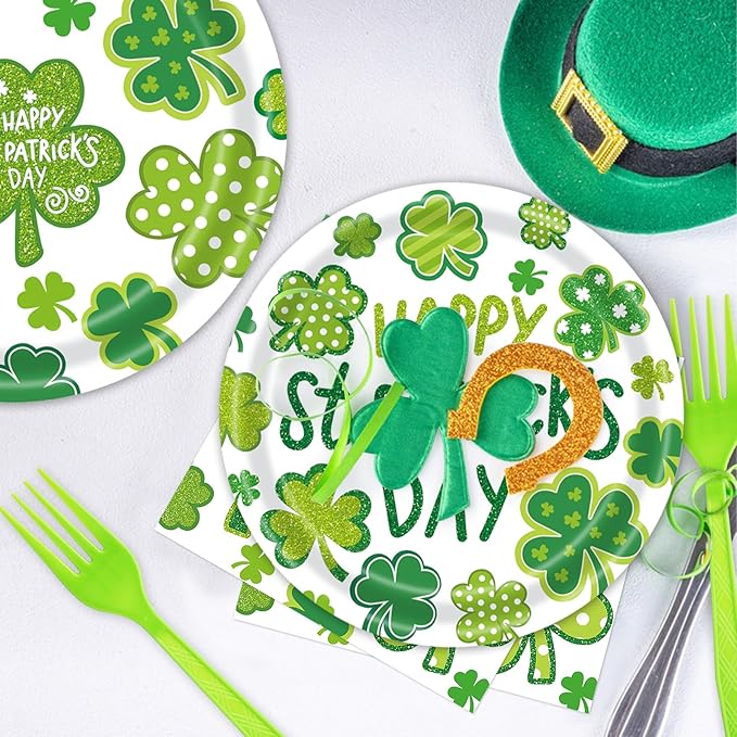 96 Pieces St Patrick's Day Tableware Set Green Shamrock Disposable