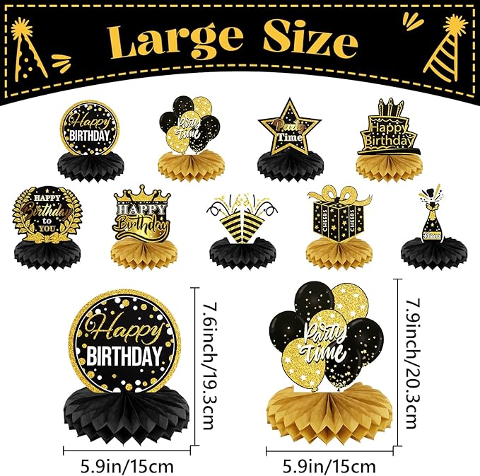 9 PCS Happy Birthday Party Table Decorations | Black and Gold