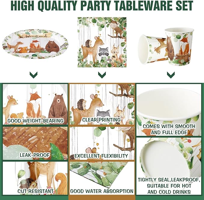 200 Pcs Woodland Baby Shower Paper Plates Cups Napkins Woodland