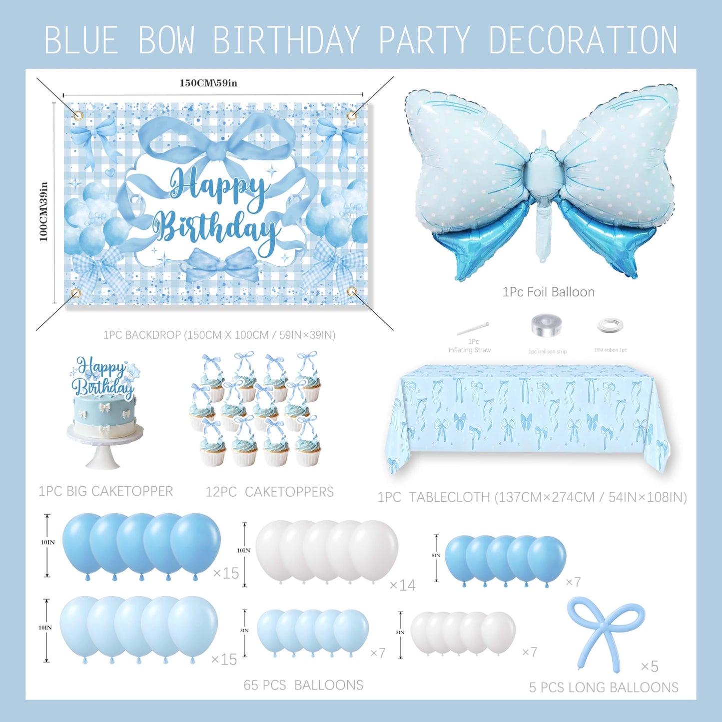 Blue Bow Birthday Decorations for Girls, Coquette Party Supplies with