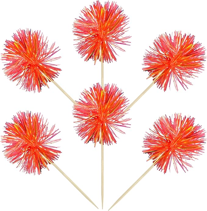Gyufise 30Pcs Foil Firework Cupcake Toppers Sparkle Tinsel Cake Topper