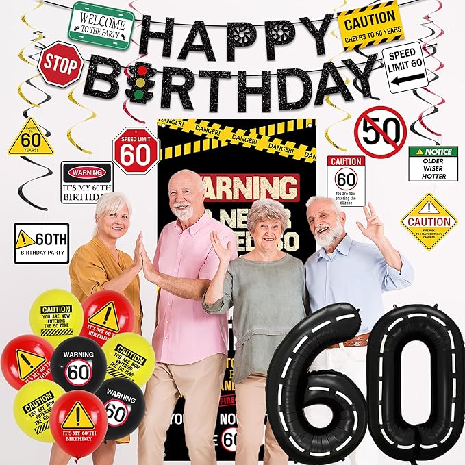 60th Birthday Decorations Men Women Caution Logo 60 Never Looked So